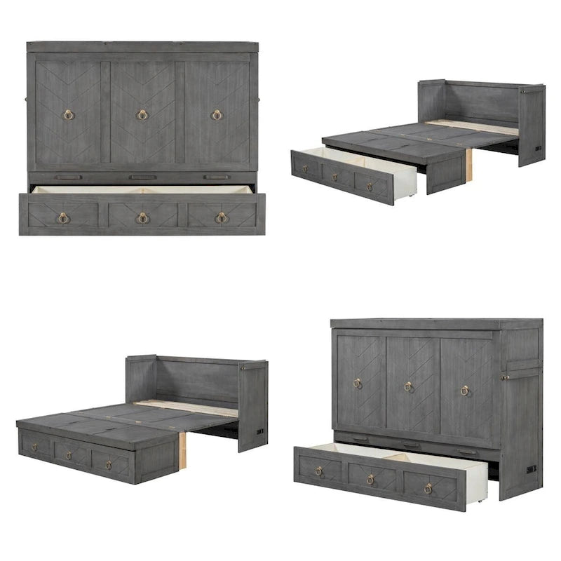 Queen Size Wood Murphy Bed with USB Port Module and Drawer