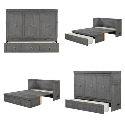 Queen Size Wood Murphy Bed with USB Port Module and Drawer