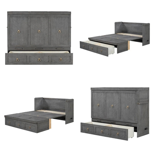 Queen Size Wood Murphy Bed with USB Port Module and Drawer