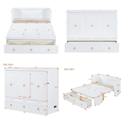 Queen Size Wood Murphy Bed with USB Port Module and Drawer