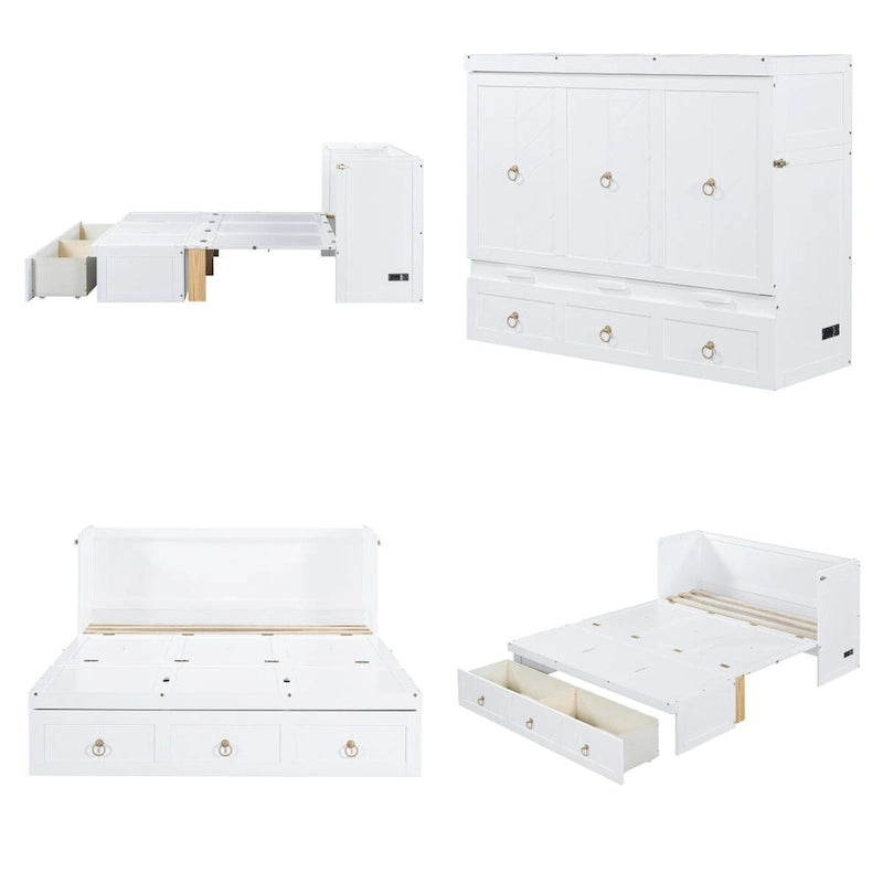 Queen Size Wood Murphy Bed with USB Port Module and Drawer