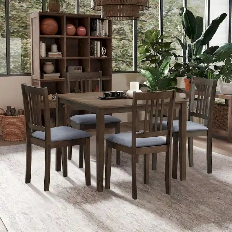 Kitchen Breakfast Nook Dining Table Chairs Set Square Wooden Dining Table Casual Dining Table with 4 Upholstered Dining Chairs