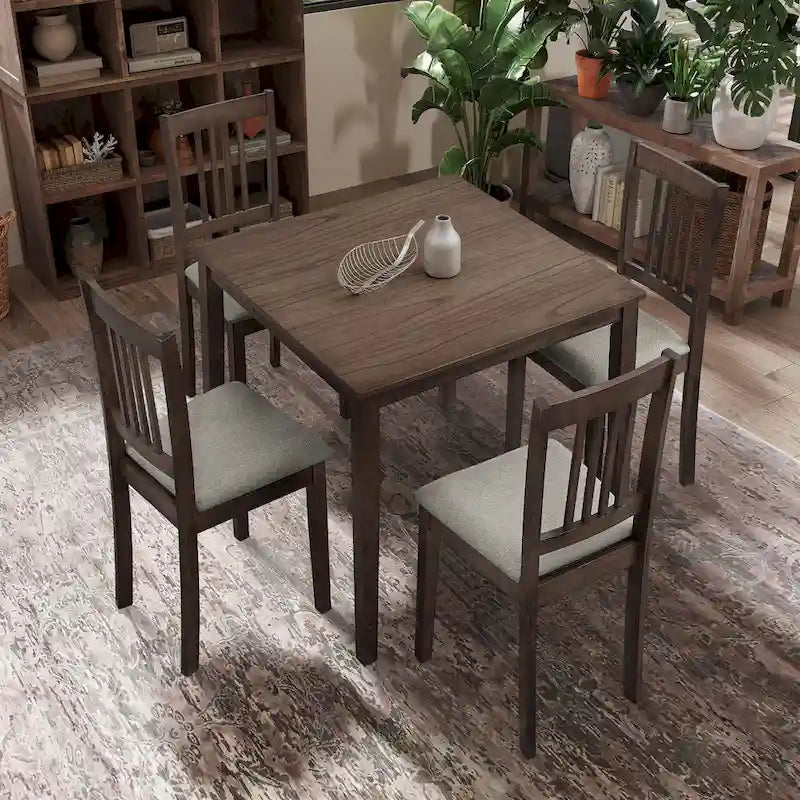 Kitchen Breakfast Nook Dining Table Chairs Set Square Wooden Dining Table Casual Dining Table with 4 Upholstered Dining Chairs
