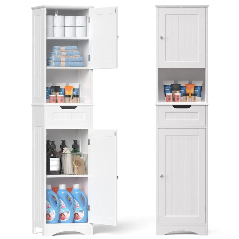 67 H Tall Bathroom Cabinet Narrow Linen Tower, Storage Cabinet with 2 Doors & Drawer