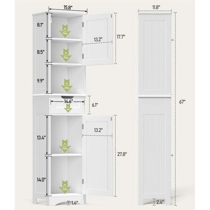 67 H Tall Bathroom Cabinet Narrow Linen Tower, Storage Cabinet with 2 Doors & Drawer