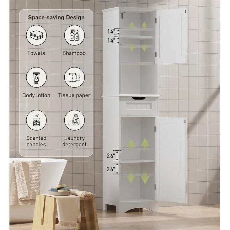 67 H Tall Bathroom Cabinet Narrow Linen Tower, Storage Cabinet with 2 Doors & Drawer