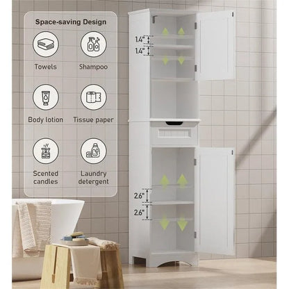 67 H Tall Bathroom Cabinet Narrow Linen Tower, Storage Cabinet with 2 Doors & Drawer