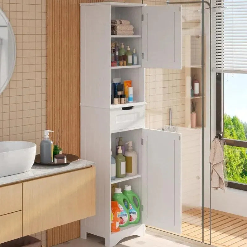 67 H Tall Bathroom Cabinet Narrow Linen Tower, Storage Cabinet with 2 Doors & Drawer