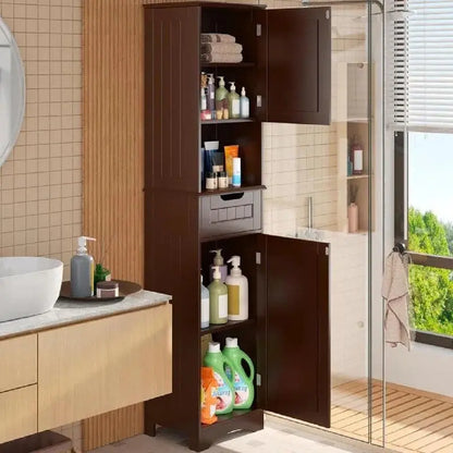 67 H Tall Bathroom Cabinet Narrow Linen Tower, Storage Cabinet with 2 Doors & Drawer