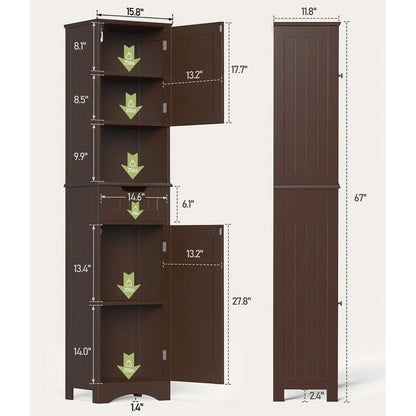 67 H Tall Bathroom Cabinet Narrow Linen Tower, Storage Cabinet with 2 Doors & Drawer