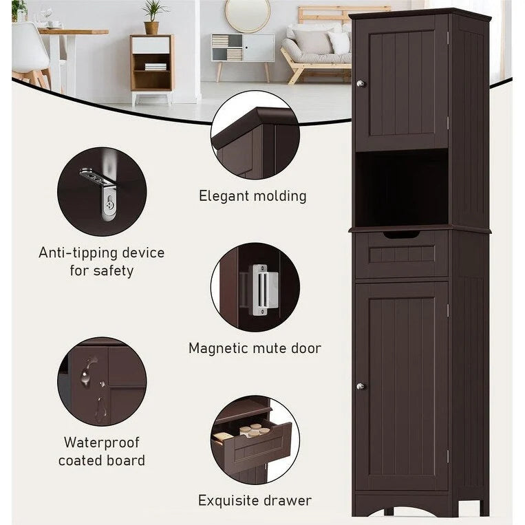 67 H Tall Bathroom Cabinet Narrow Linen Tower, Storage Cabinet with 2 Doors & Drawer