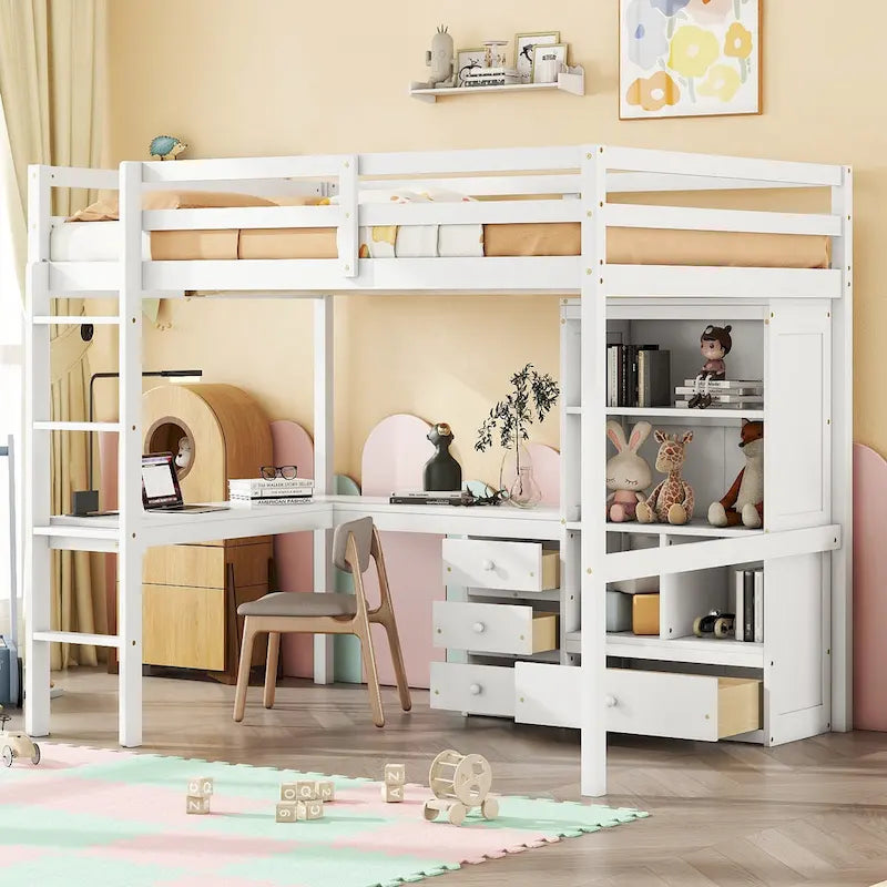 Full Size Wood Loft Bed with L Shaped Desk,Storage Shelves and Drawers