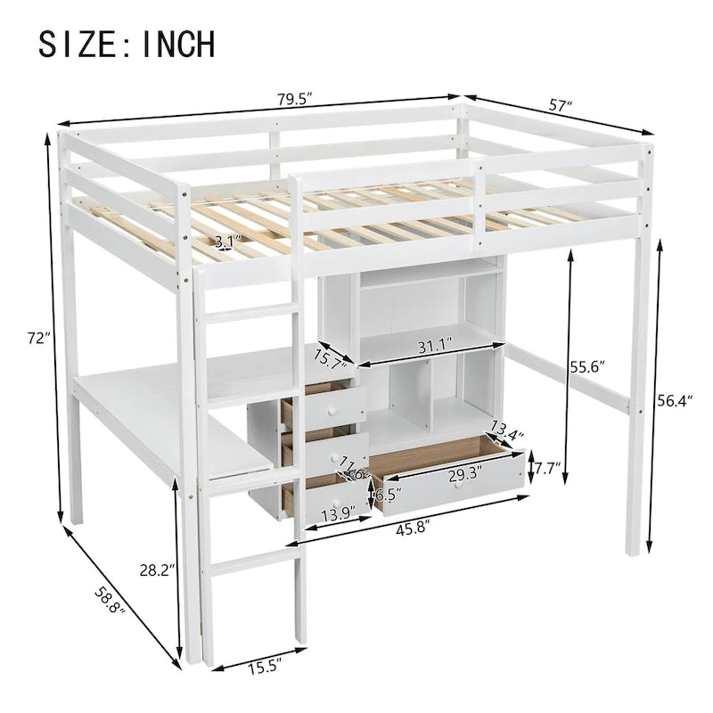 Full Size Wood Loft Bed with L Shaped Desk,Storage Shelves and Drawers