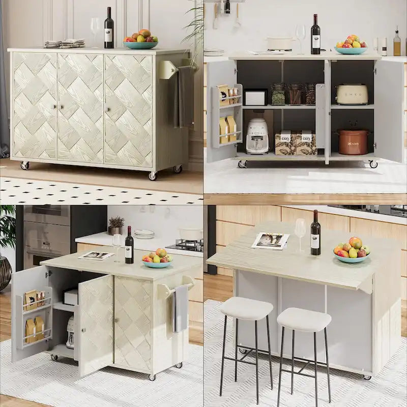 51.2W Kitchen Island with Drop Leaf, Farmhouse Kitchen Island on Wheels with Internal Storage Rack Rolling Kitchen Cart