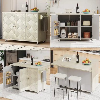 51.2W Kitchen Island with Drop Leaf, Farmhouse Kitchen Island on Wheels with Internal Storage Rack Rolling Kitchen Cart