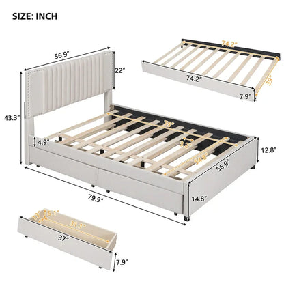 Linen Upholstered Platform Bed Vertical Lines Headboard with Nailhead Trim, Wood Panel Bed Frame 2 Drawers & Trundle Bed