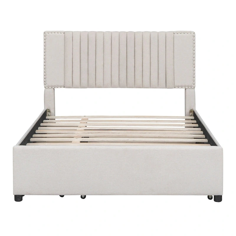 Linen Upholstered Platform Bed Vertical Lines Headboard with Nailhead Trim, Wood Panel Bed Frame 2 Drawers & Trundle Bed