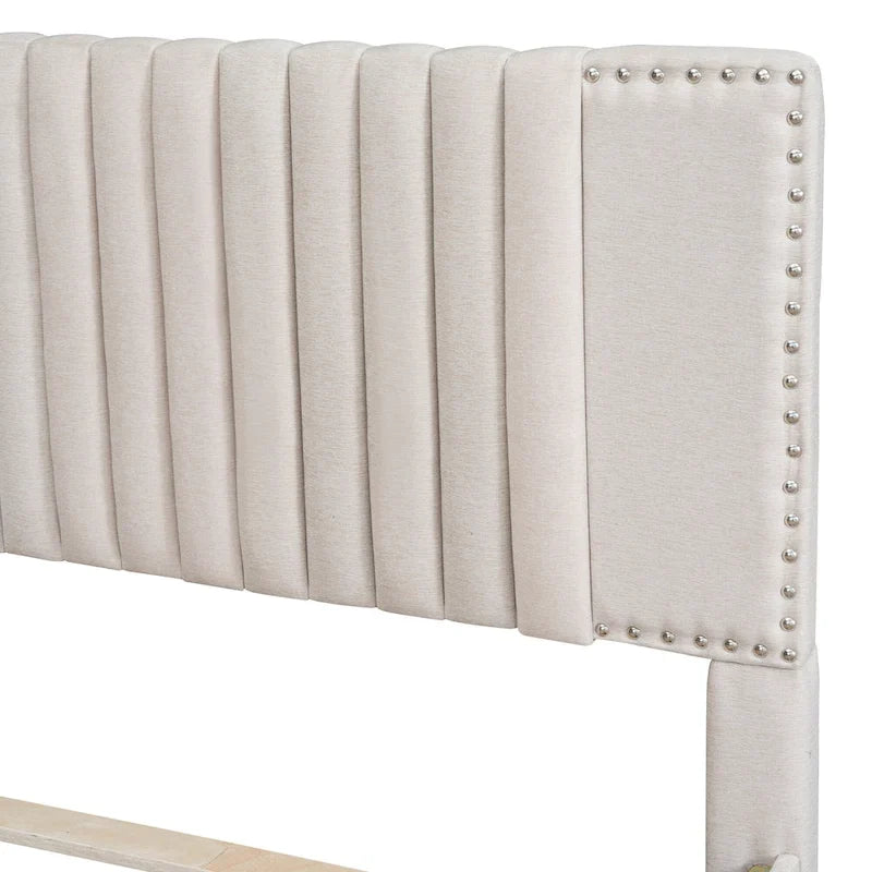 Linen Upholstered Platform Bed Vertical Lines Headboard with Nailhead Trim, Wood Panel Bed Frame 2 Drawers & Trundle Bed