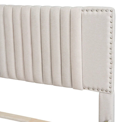 Linen Upholstered Platform Bed Vertical Lines Headboard with Nailhead Trim, Wood Panel Bed Frame 2 Drawers & Trundle Bed
