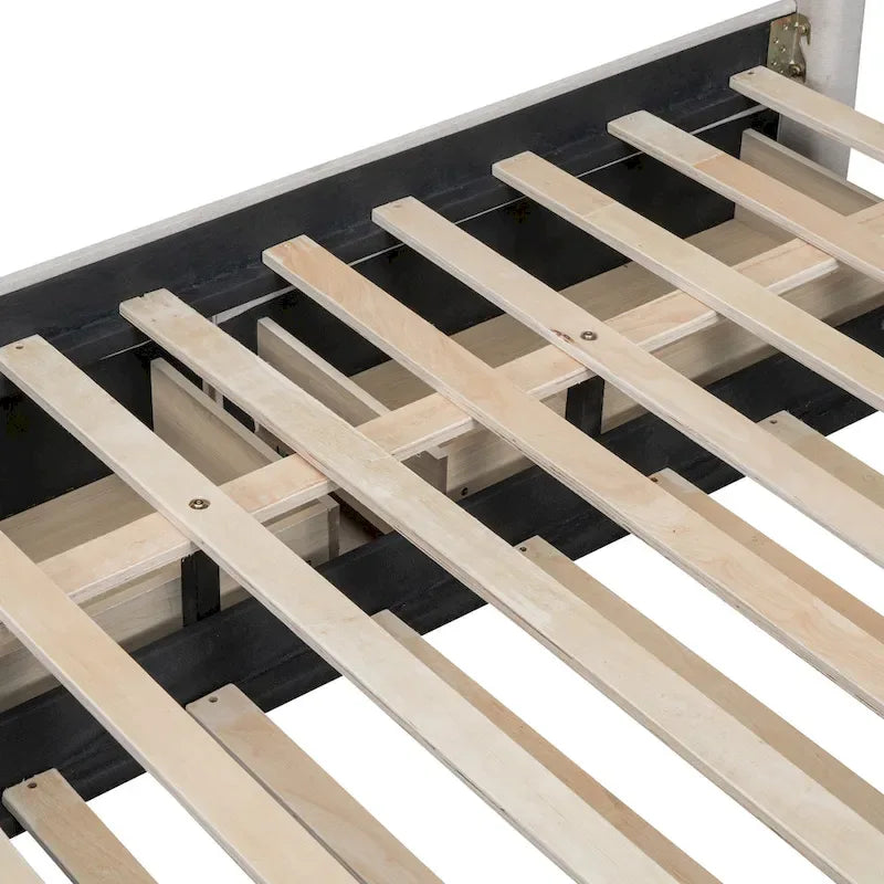 Linen Upholstered Platform Bed Vertical Lines Headboard with Nailhead Trim, Wood Panel Bed Frame 2 Drawers & Trundle Bed