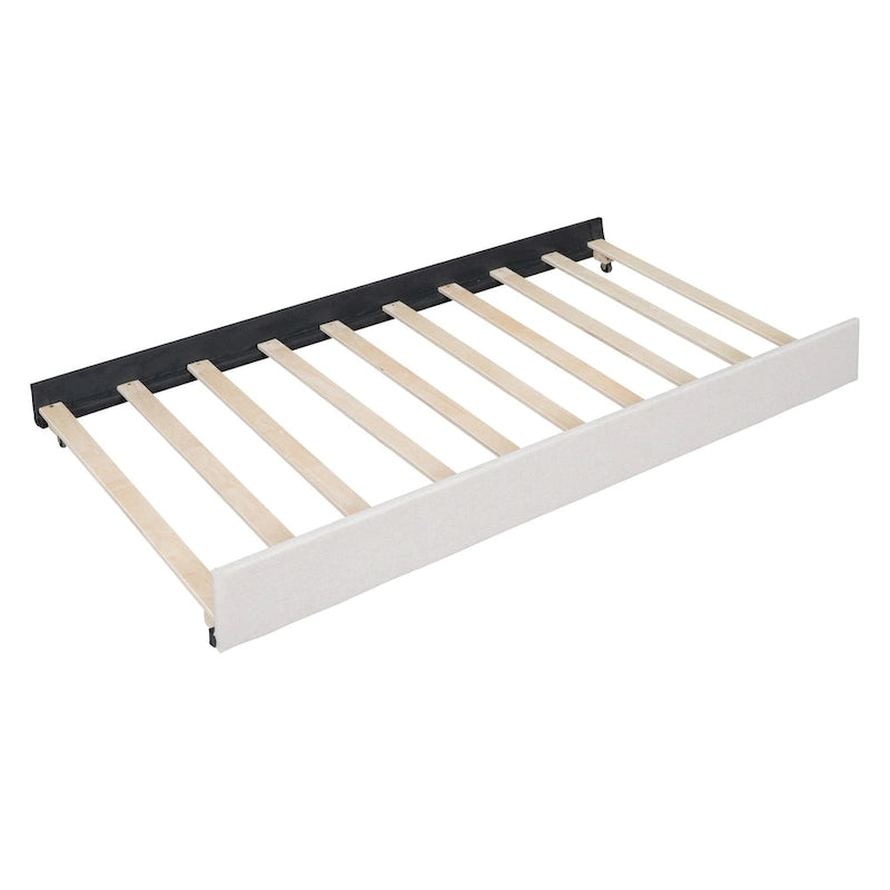 Linen Upholstered Platform Bed Vertical Lines Headboard with Nailhead Trim, Wood Panel Bed Frame 2 Drawers & Trundle Bed