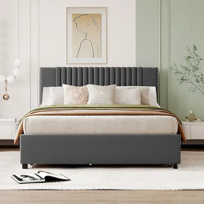 Linen Upholstered Platform Bed Vertical Lines Headboard with Nailhead Trim, Wood Panel Bed Frame 2 Drawers & Trundle Bed
