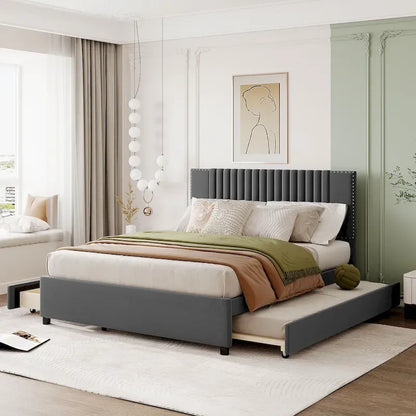 Linen Upholstered Platform Bed Vertical Lines Headboard with Nailhead Trim, Wood Panel Bed Frame 2 Drawers & Trundle Bed