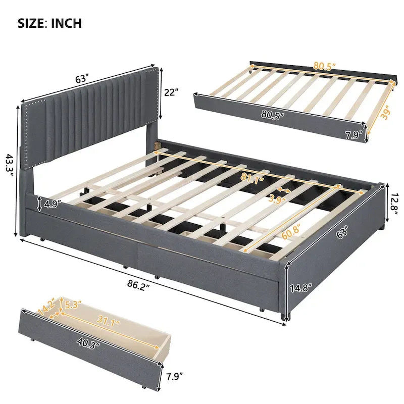 Linen Upholstered Platform Bed Vertical Lines Headboard with Nailhead Trim, Wood Panel Bed Frame 2 Drawers & Trundle Bed