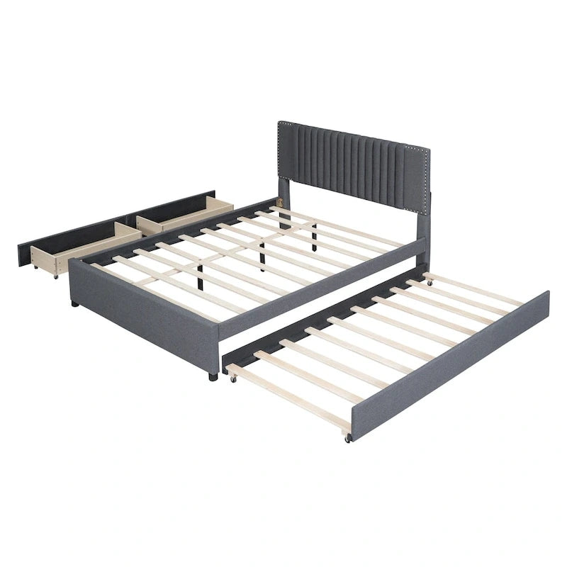Linen Upholstered Platform Bed Vertical Lines Headboard with Nailhead Trim, Wood Panel Bed Frame 2 Drawers & Trundle Bed