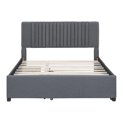 Linen Upholstered Platform Bed Vertical Lines Headboard with Nailhead Trim, Wood Panel Bed Frame 2 Drawers & Trundle Bed