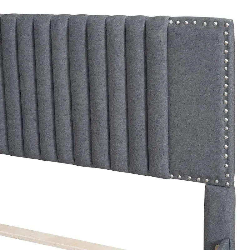 Linen Upholstered Platform Bed Vertical Lines Headboard with Nailhead Trim, Wood Panel Bed Frame 2 Drawers & Trundle Bed