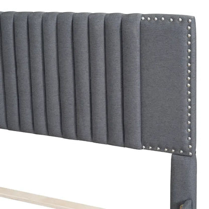 Linen Upholstered Platform Bed Vertical Lines Headboard with Nailhead Trim, Wood Panel Bed Frame 2 Drawers & Trundle Bed