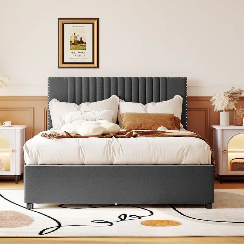 Linen Upholstered Platform Bed Vertical Lines Headboard with Nailhead Trim, Wood Panel Bed Frame 2 Drawers & Trundle Bed