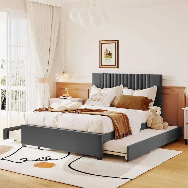 Linen Upholstered Platform Bed Vertical Lines Headboard with Nailhead Trim, Wood Panel Bed Frame 2 Drawers & Trundle Bed