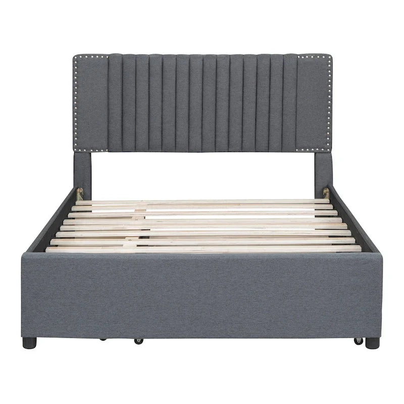 Linen Upholstered Platform Bed Vertical Lines Headboard with Nailhead Trim, Wood Panel Bed Frame 2 Drawers & Trundle Bed