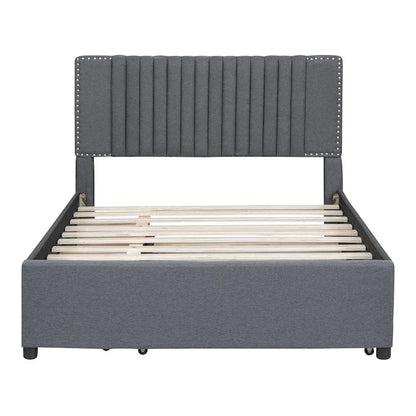 Linen Upholstered Platform Bed Vertical Lines Headboard with Nailhead Trim, Wood Panel Bed Frame 2 Drawers & Trundle Bed