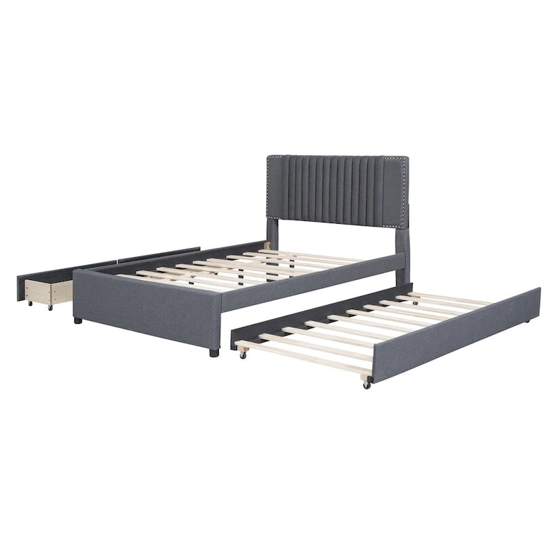 Linen Upholstered Platform Bed Vertical Lines Headboard with Nailhead Trim, Wood Panel Bed Frame 2 Drawers & Trundle Bed