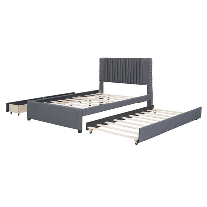 Linen Upholstered Platform Bed Vertical Lines Headboard with Nailhead Trim, Wood Panel Bed Frame 2 Drawers & Trundle Bed