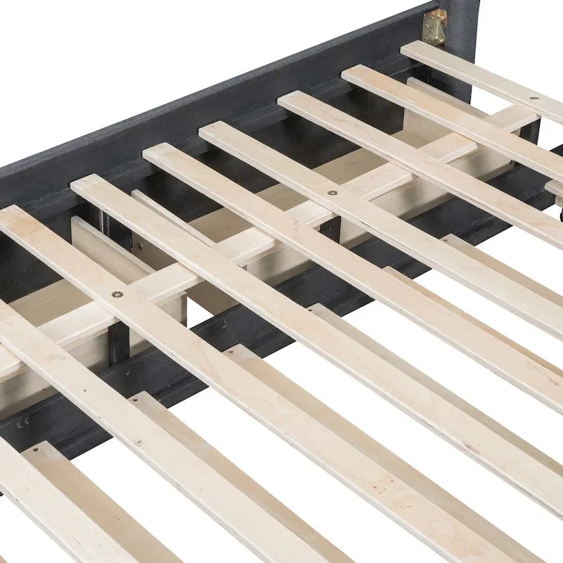 Linen Upholstered Platform Bed Vertical Lines Headboard with Nailhead Trim, Wood Panel Bed Frame 2 Drawers & Trundle Bed