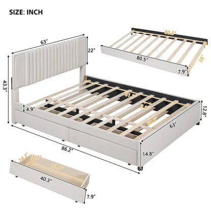 Linen Upholstered Platform Bed Vertical Lines Headboard with Nailhead Trim, Wood Panel Bed Frame 2 Drawers & Trundle Bed