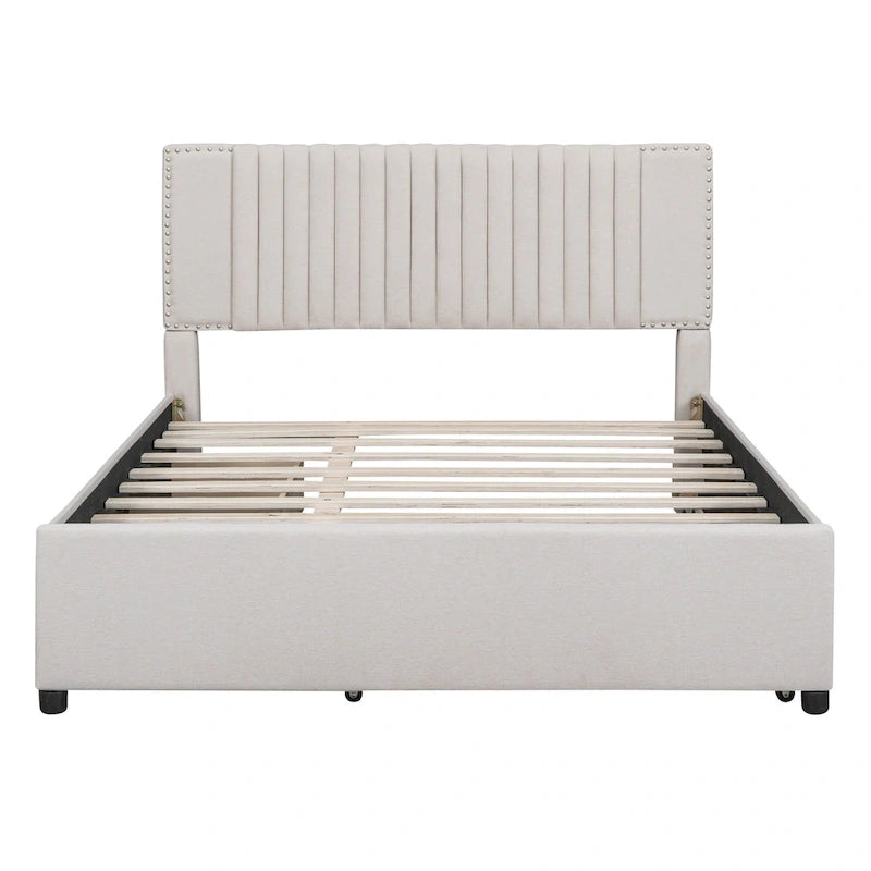 Linen Upholstered Platform Bed Vertical Lines Headboard with Nailhead Trim, Wood Panel Bed Frame 2 Drawers & Trundle Bed
