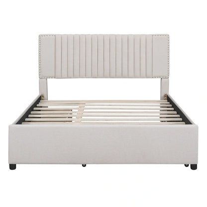 Linen Upholstered Platform Bed Vertical Lines Headboard with Nailhead Trim, Wood Panel Bed Frame 2 Drawers & Trundle Bed