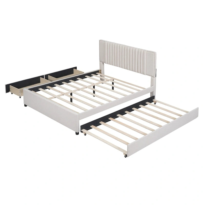 Linen Upholstered Platform Bed Vertical Lines Headboard with Nailhead Trim, Wood Panel Bed Frame 2 Drawers & Trundle Bed