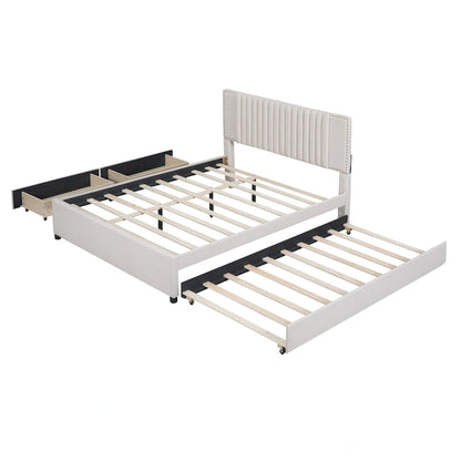 Linen Upholstered Platform Bed Vertical Lines Headboard with Nailhead Trim, Wood Panel Bed Frame 2 Drawers & Trundle Bed