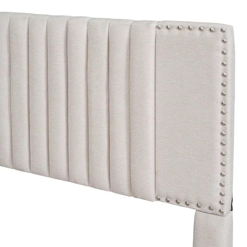 Linen Upholstered Platform Bed Vertical Lines Headboard with Nailhead Trim, Wood Panel Bed Frame 2 Drawers & Trundle Bed
