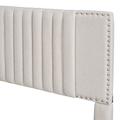 Linen Upholstered Platform Bed Vertical Lines Headboard with Nailhead Trim, Wood Panel Bed Frame 2 Drawers & Trundle Bed