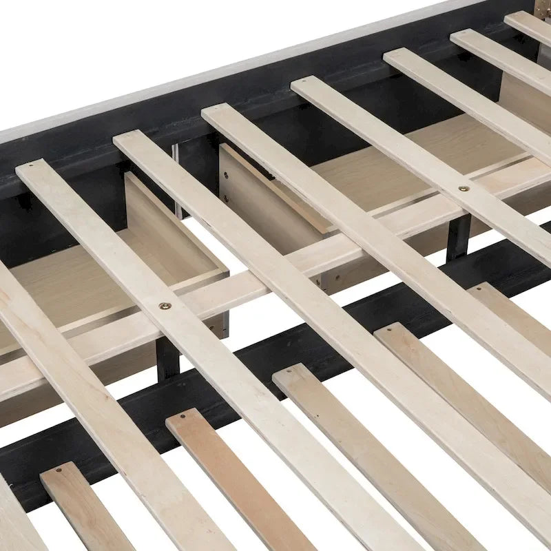 Linen Upholstered Platform Bed Vertical Lines Headboard with Nailhead Trim, Wood Panel Bed Frame 2 Drawers & Trundle Bed