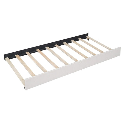 Linen Upholstered Platform Bed Vertical Lines Headboard with Nailhead Trim, Wood Panel Bed Frame 2 Drawers & Trundle Bed