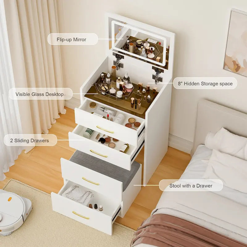 3 in 1 Vanity Desk with open Top Mirror