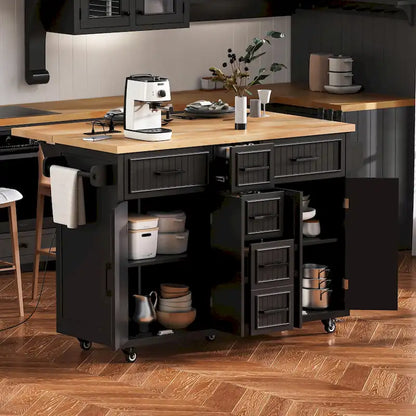 Kitchen Storage Island on Wheels with Drop Leaf & Power Outlet, 56.5 Kitchen Island with 4 Doors , 5 Deep Drawers